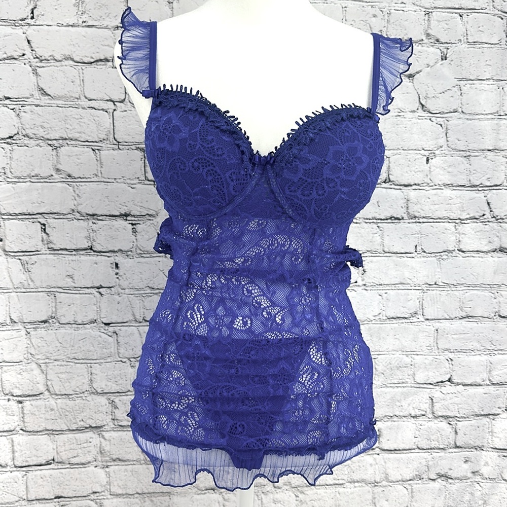 🏷️ SHIRLEY of HOLLYWOOD Lacey Built-in Bra Chemise Lingerie w/G-string LARGE